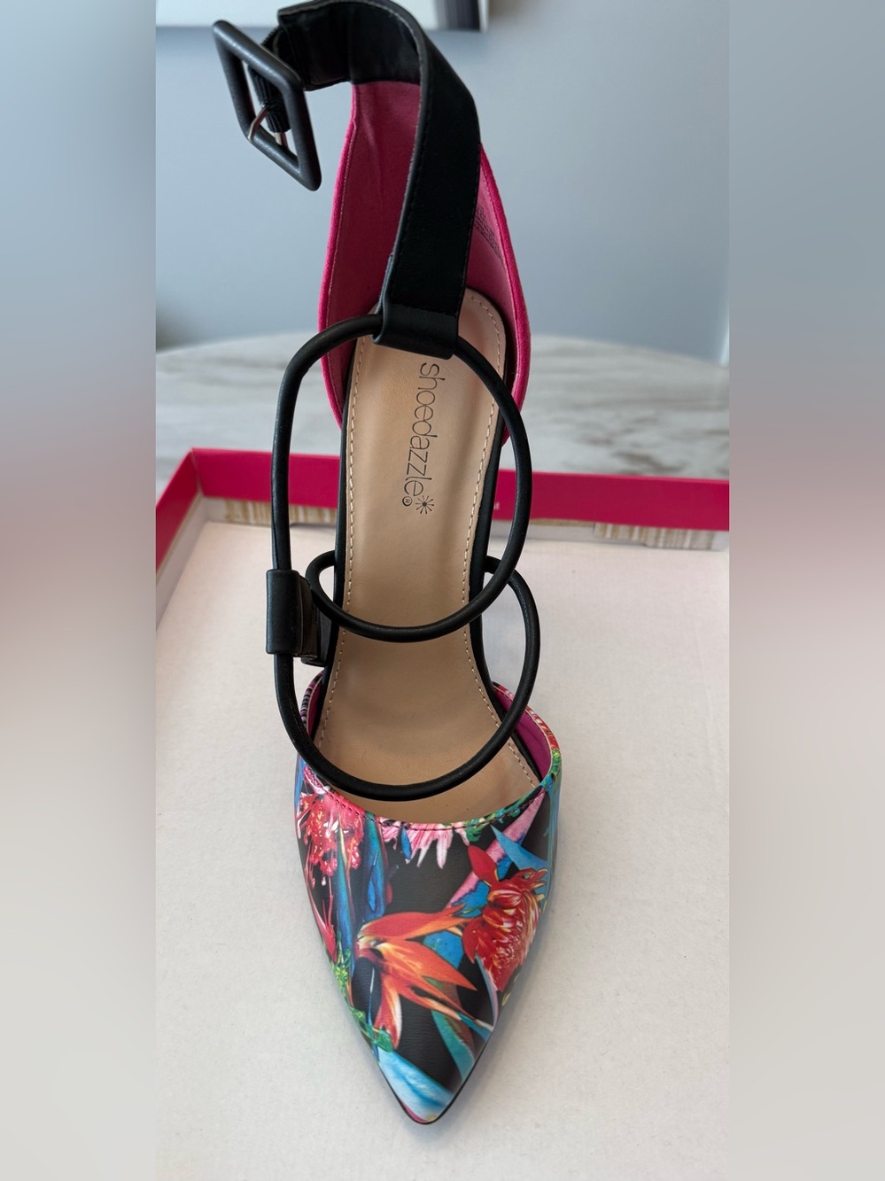 Shoe Dazzle Floral Pointed Toe Ankle-Strap Pump - Fuchsia/Black/Multicolor